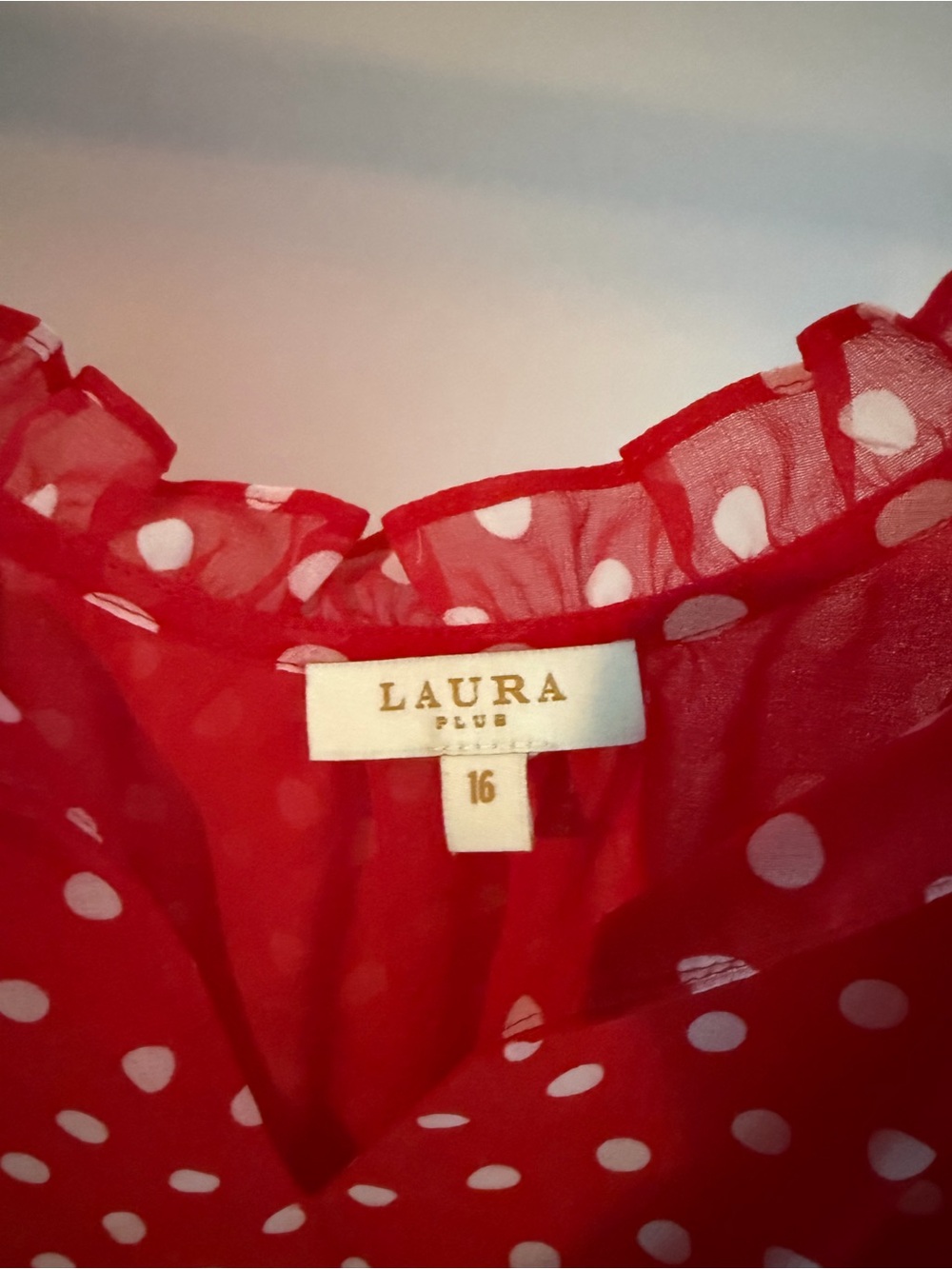 Laura Red Polka Dot Tie-Detail Blouse with Flutter Sleeves - Size 16 - Picture 5 of 6